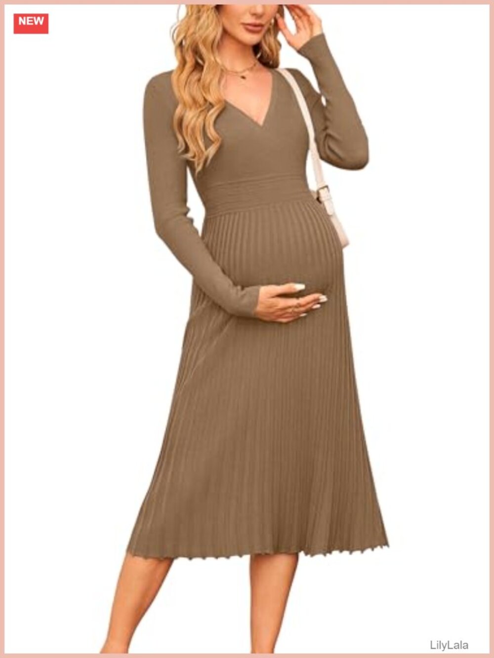 Maternity Long Sleeve Wrap V Neck Pleated Midi Dress